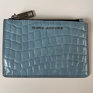 Marc Jacobs blue mock croc embossed zipper closure, key ring, 3 card & side